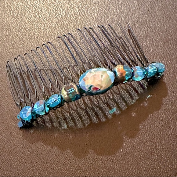 Handmade Beaded Bohemian Hair Comb Teal & Blue Crystal & Glass Jet Black Wire - Picture 5 of 5